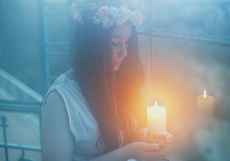 Woman with Flower Crown — Blue, Serene, Night, Photograph
