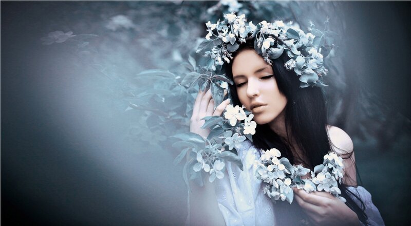 Woman with Flower Crown — Blue, Serene, Photograph