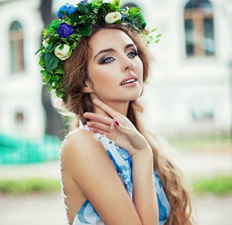 Woman with Flower Crown — Blue, Serene, Summer, Photograph