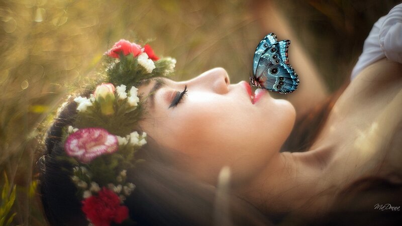 Woman with Flower Crown — Blue, Serene, Sunset