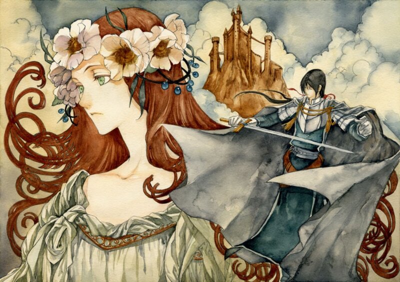 Woman with Flower Crown — Brown, Dramatic, Illustration