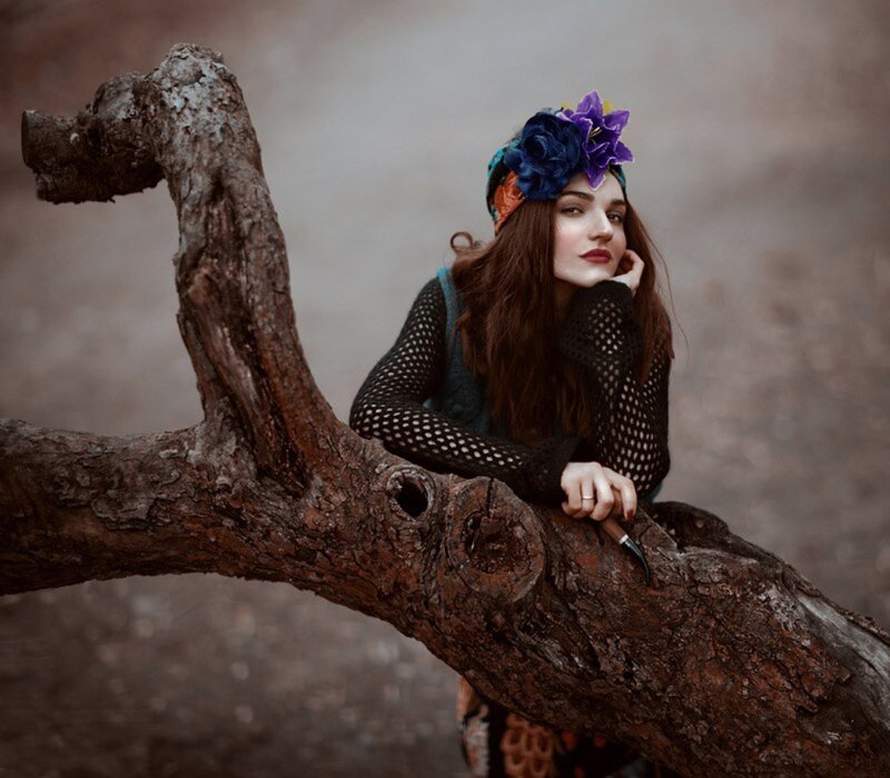Woman with Flower Crown — Brown, Dramatic, Photograph, Flower Crown, Tree Branch