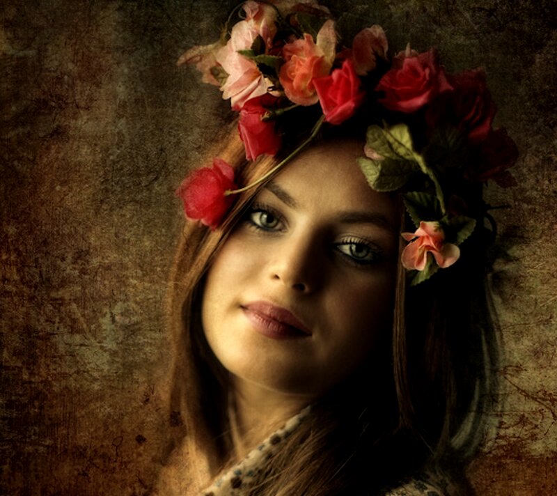 Woman with Flower Crown — Brown, Dramatic, Photograph