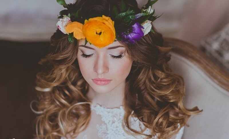 Woman with Flower Crown — Brown, Serene, Photograph, Flowers, Curls