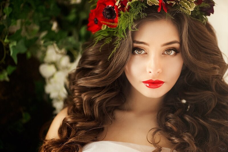 Woman with Flower Crown — Brown, Serene, Photograph, Flowers, Greenery