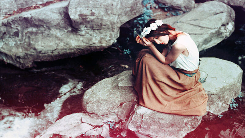 Woman with Flower Crown — Brown, Serene, Photograph
