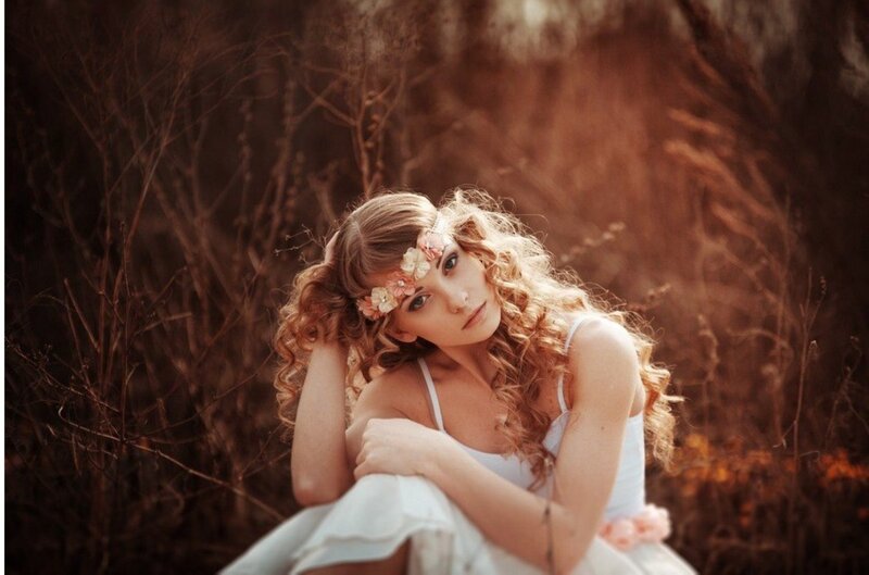 Woman with Flower Crown — Brown, Serene, Sunset, Photograph
