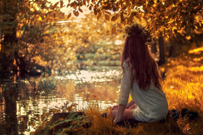 Woman with Flower Crown — Gold, Serene, Autumn