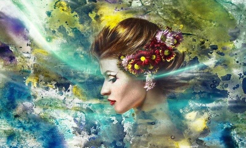 Woman with Flower Crown — Green, Dreamy, Digital Art