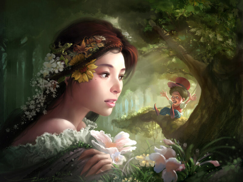 Woman with Flower Crown — Green, Serene, Afternoon, Digital Art