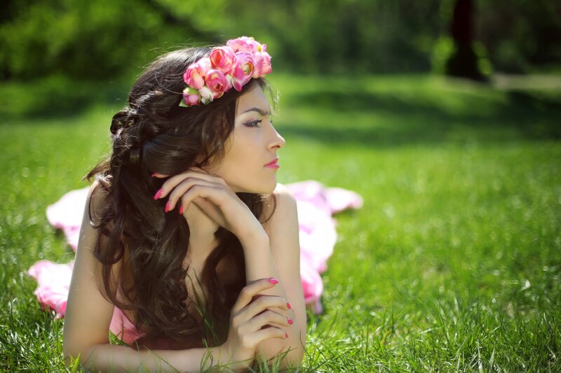 Woman with Flower Crown — Green, Serene, Afternoon, Photograph, Flower Crown, Grass