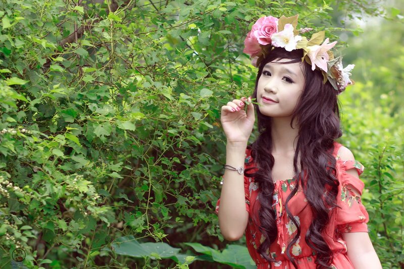 Woman with Flower Crown — Green, Serene, Afternoon, Photograph, Flower Crown, Red Dress