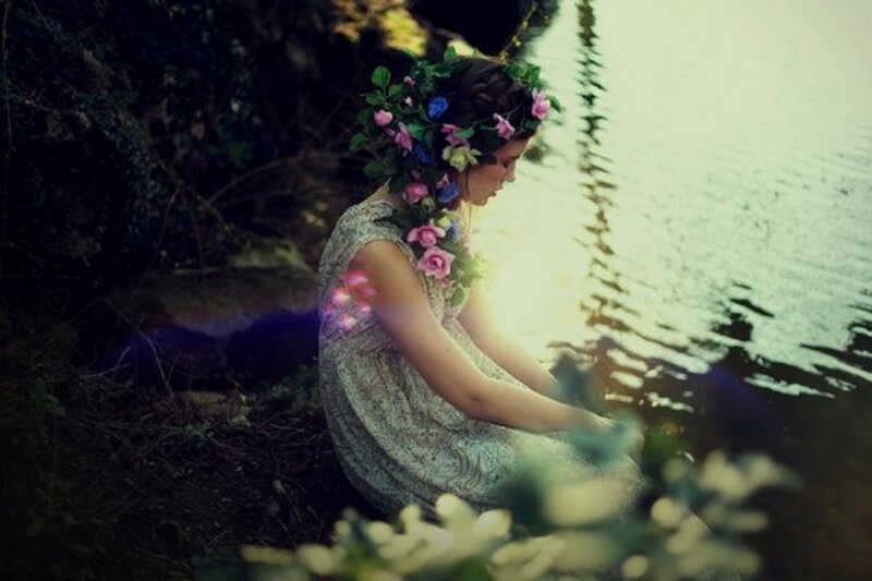Woman with Flower Crown — Green, Serene, Afternoon, Photograph, Flowers, Dress