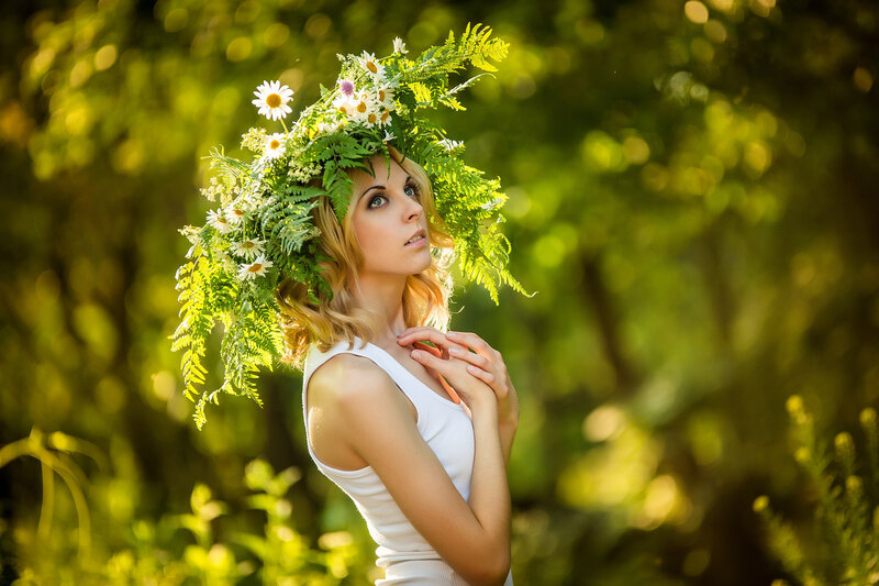 Woman with Flower Crown — Green, Serene, Afternoon, Photograph, Flowers, Foliage