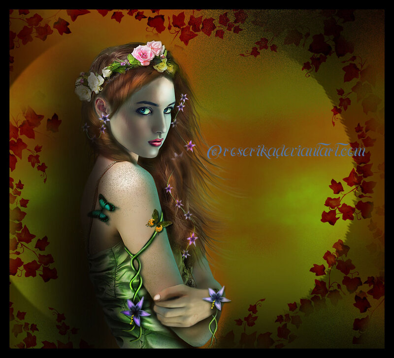 Woman with Flower Crown — Green, Serene, Digital Art