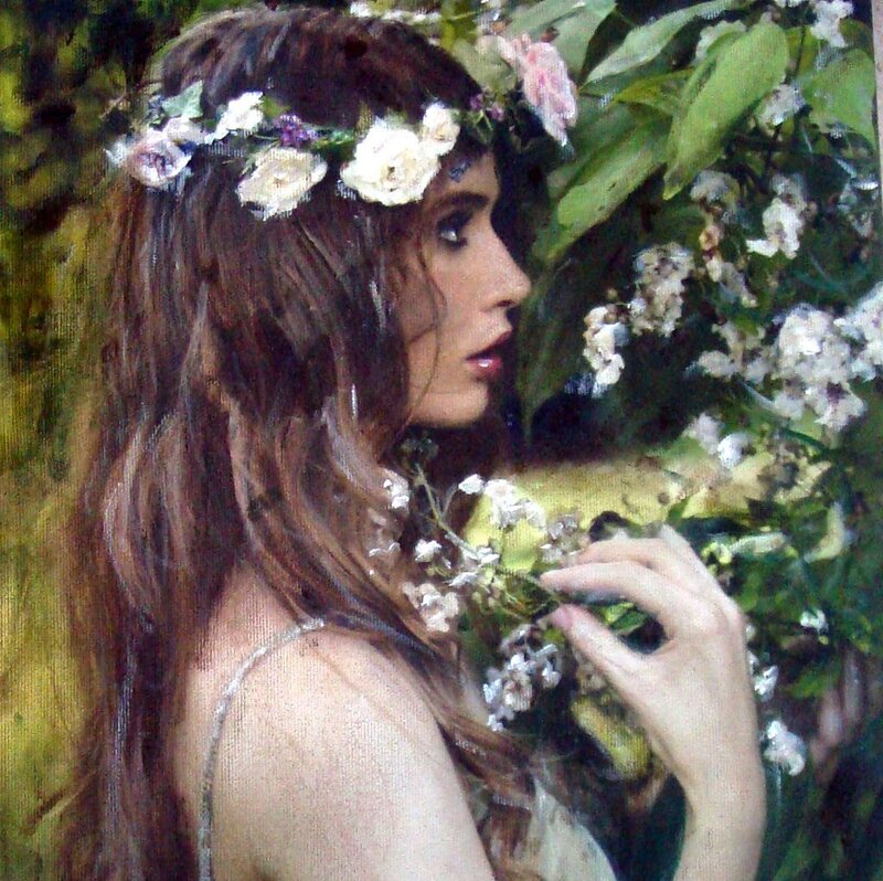 Woman with Flower Crown — Green, Serene, Painting