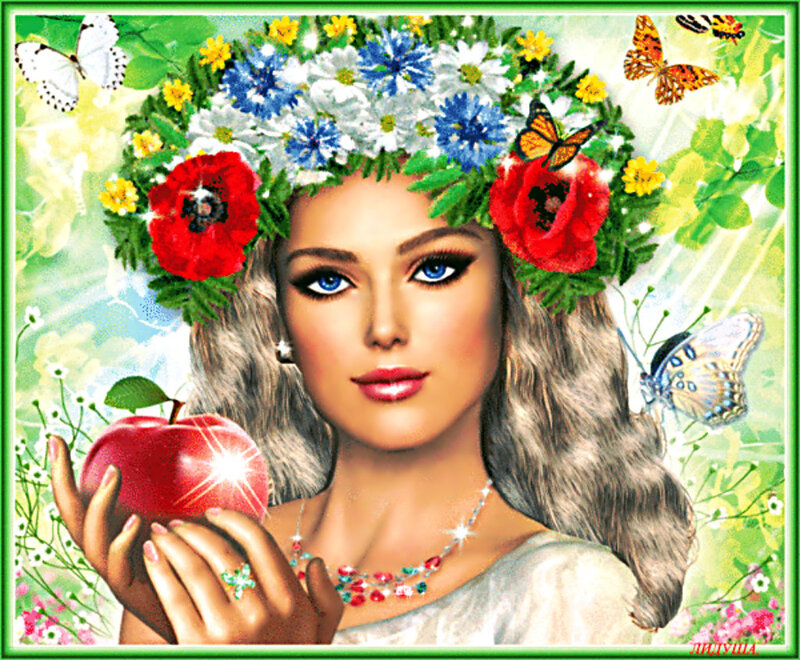 Woman with Flower Crown — Green, Serene, Spring, Digital Art