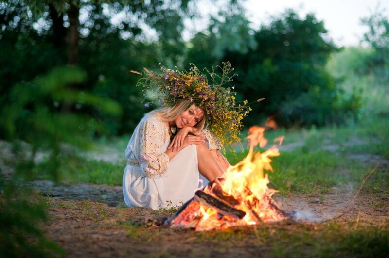 Woman with Flower Crown — Green, Serene, Sunset, Photograph, Fire