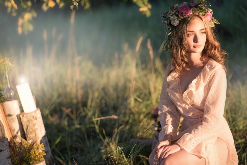 Woman with Flower Crown — Green, Serene, Sunset, Photograph, Flower Crown