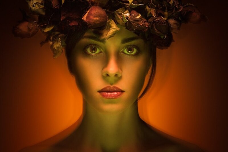 Woman with Flower Crown — Orange, Dramatic, Photograph