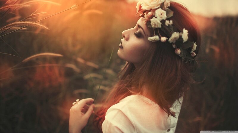 Woman with Flower Crown — Orange, Serene, Sunset, Photograph