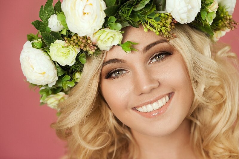 Woman with Flower Crown — Pink, Cheerful, Photograph