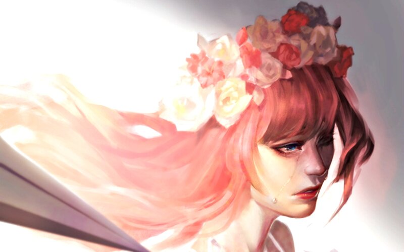 Woman with Flower Crown — Pink, Dramatic, Digital Art