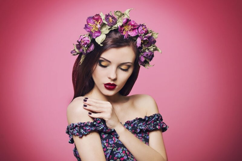 Woman with Flower Crown — Pink, Dramatic, Photograph, Flower Crown, Makeup