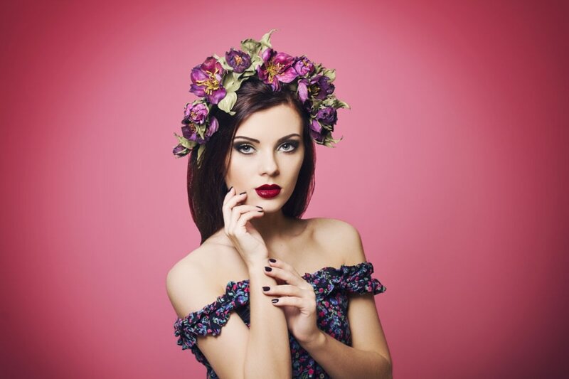 Woman with Flower Crown — Pink, Dramatic, Photograph, Flower Crown, Red Lipstick
