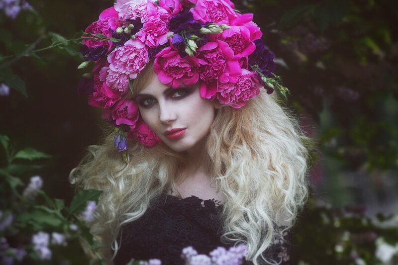 Woman with Flower Crown — Pink, Dramatic, Photograph, Flowers, Blonde Hair