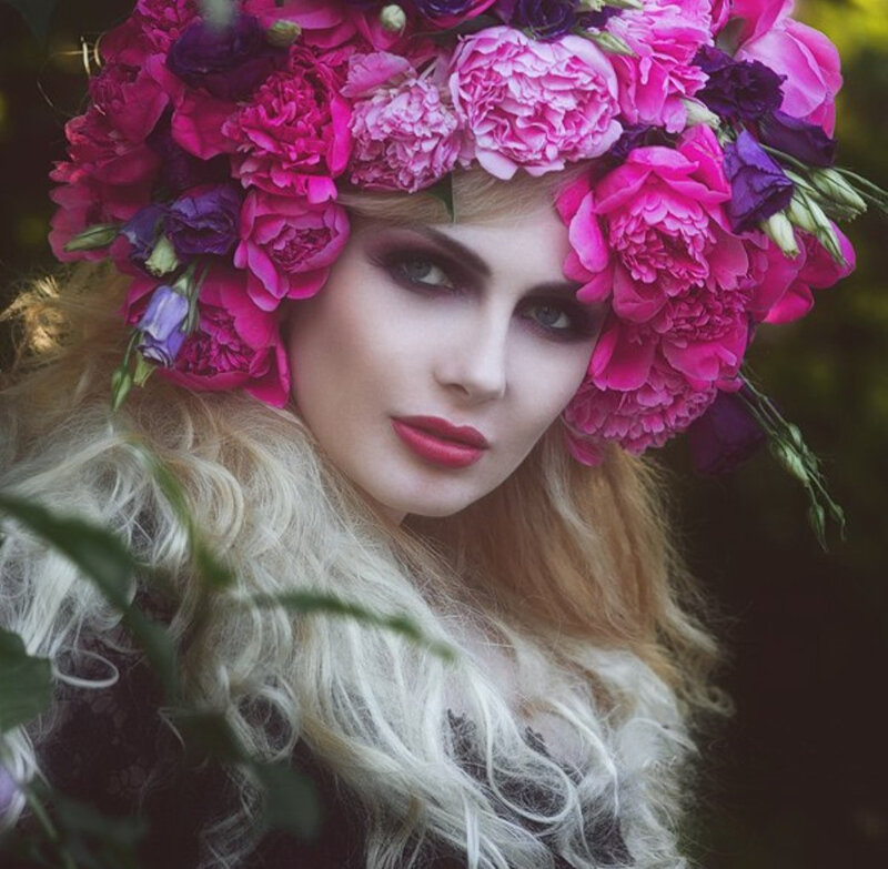 Woman with Flower Crown — Pink, Dramatic, Photograph, Flowers