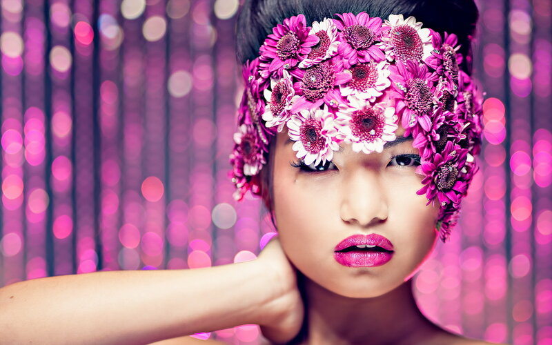 Woman with Flower Crown — Pink, Dramatic, Photograph