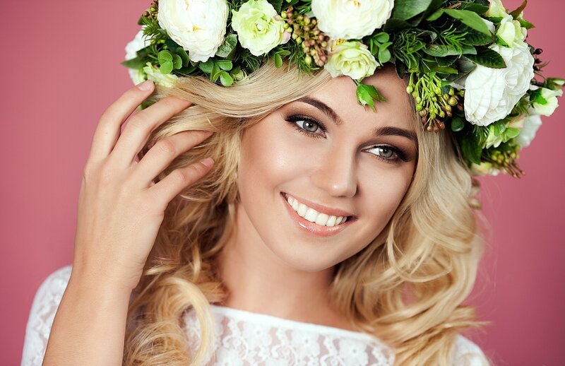 Woman with Flower Crown — Pink, Happy, Photograph