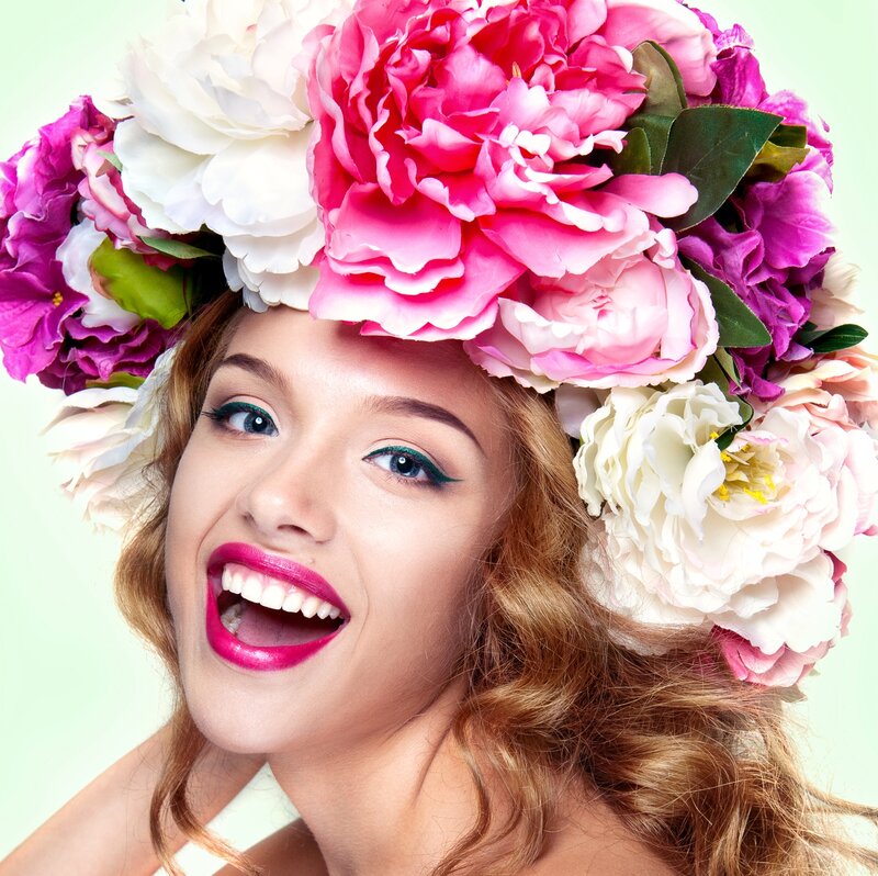 Woman with Flower Crown — Pink, Joyful, Photograph