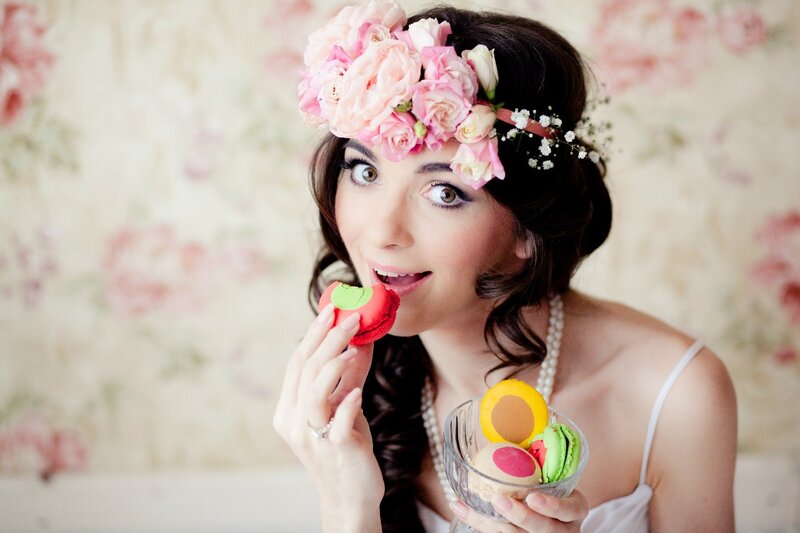 Woman with Flower Crown — Pink, Playful, Photograph, Macarons