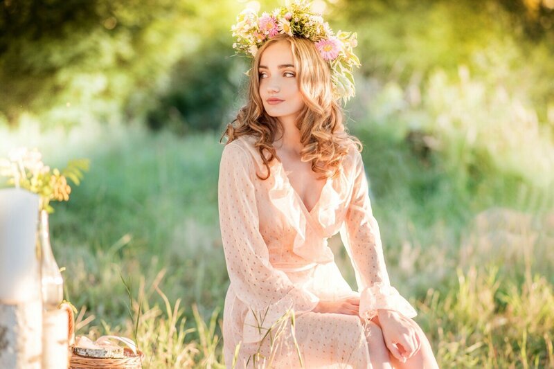 Woman with Flower Crown — Pink, Serene, Afternoon, Photograph, Flower Crown, Dress, Grass