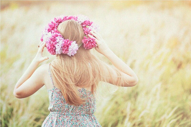 Woman with Flower Crown — Pink, Serene, Afternoon, Photograph, Flower Crown, Field, Dress
