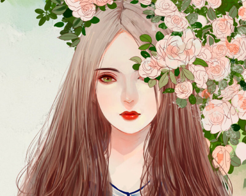 Woman with Flower Crown — Pink, Serene, Digital Art, Roses