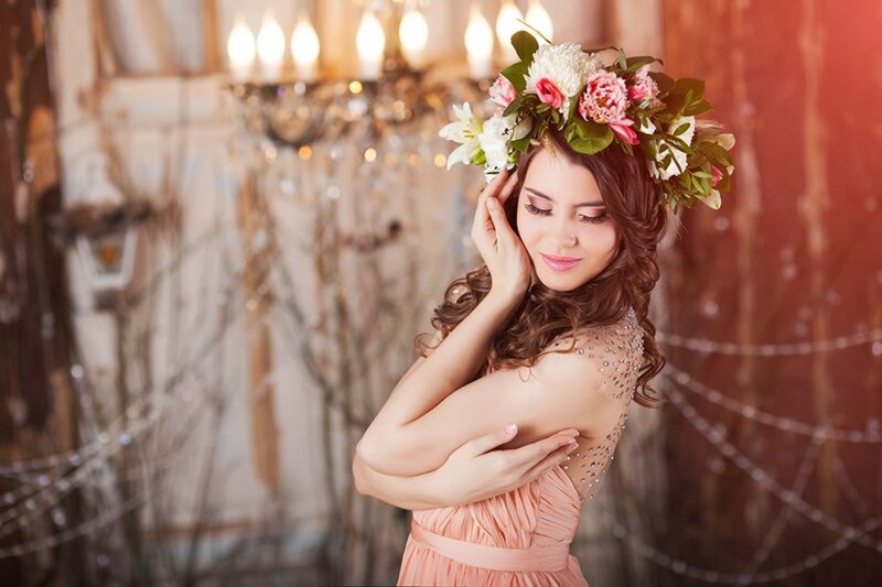 Woman with Flower Crown — Pink, Serene, Night, Photograph