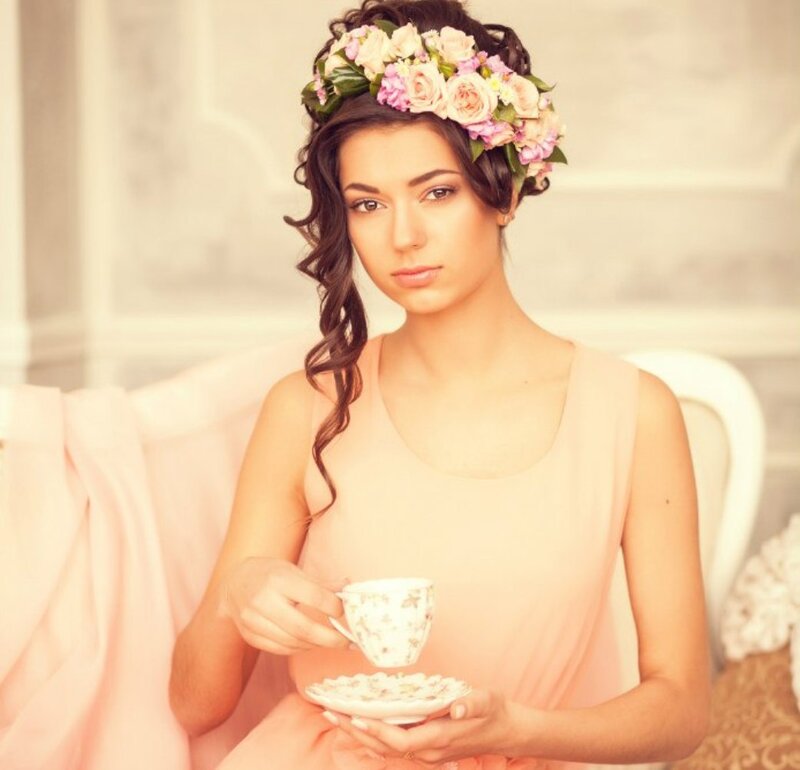 Woman with Flower Crown — Pink, Serene, Photograph, Flower Crown