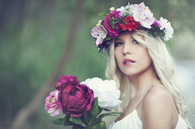 Woman with Flower Crown — Pink, Serene, Photograph