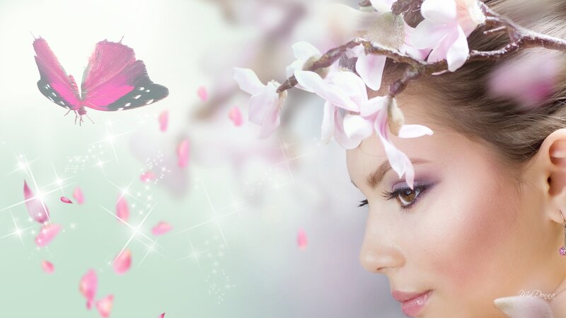 Woman with Flower Crown — Pink, Serene, Spring, Digital Art, Butterfly