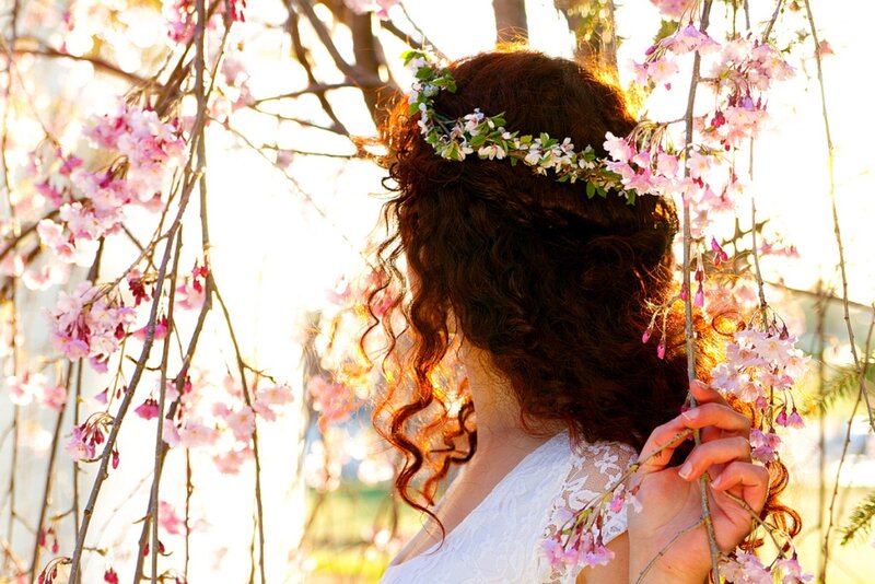 Woman with Flower Crown — Pink, Serene, Spring, Photograph, Cherry Blossoms