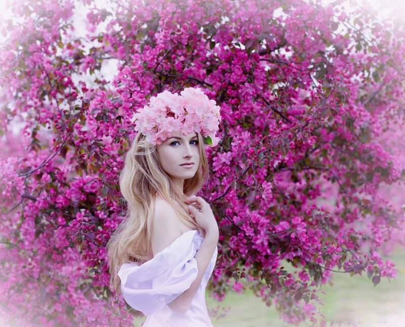 Woman with Flower Crown — Pink, Serene, Spring, Photograph, Flowers, Tree