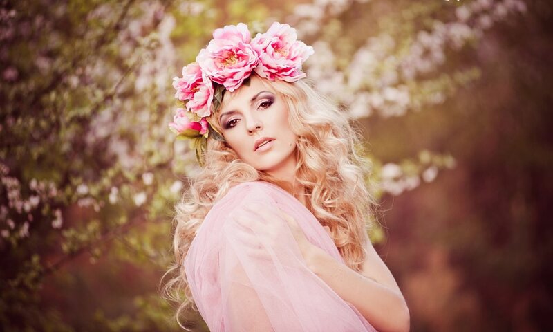 Woman with Flower Crown — Pink, Serene, Spring, Photograph, Flowers, Tulle Dress