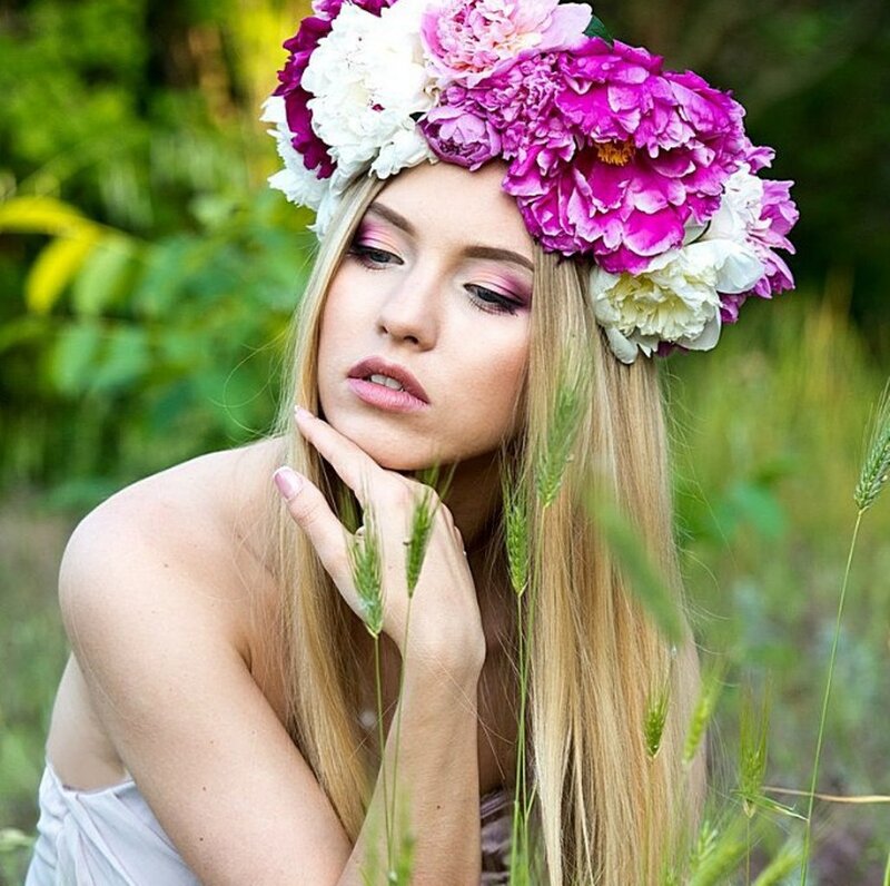 Woman with Flower Crown — Pink, Serene, Summer, Photograph