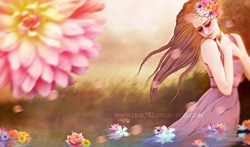 Woman with Flower Crown — Pink, Serene, Sunset, Digital Art