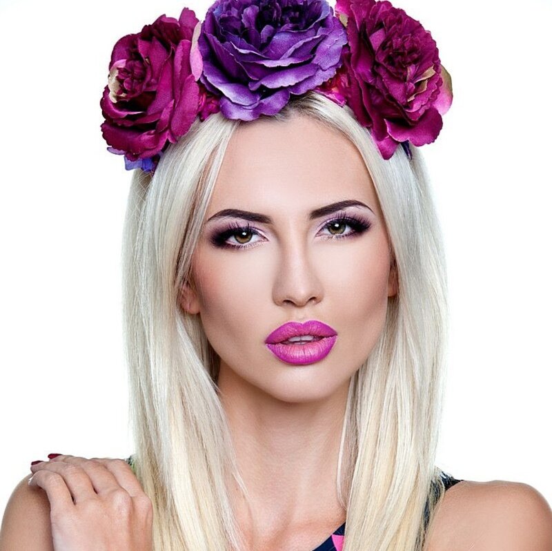 Woman with Flower Crown — Purple, Dramatic, Photograph