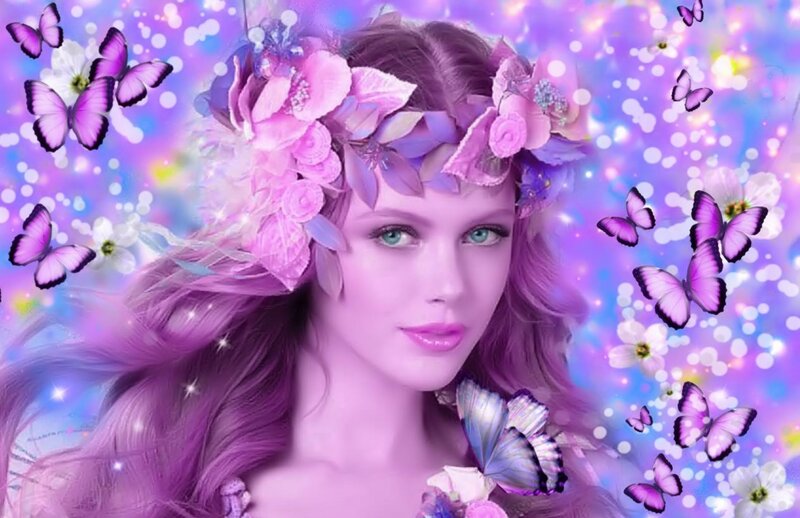 Woman with Flower Crown — Purple, Dreamy, Digital Art