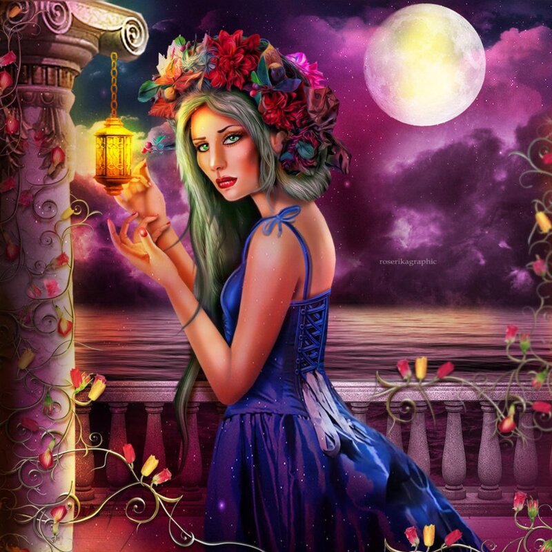 Woman with Flower Crown — Purple, Fantasy, Night